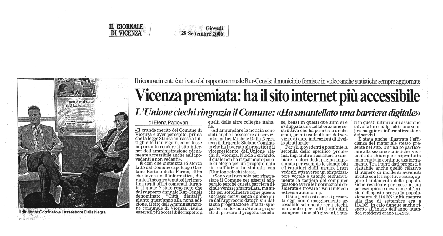 Articolo del Giornale di Vicenza del 2006 che mostra il premio al Comune di Vicenza per l'accessibilità del sito.