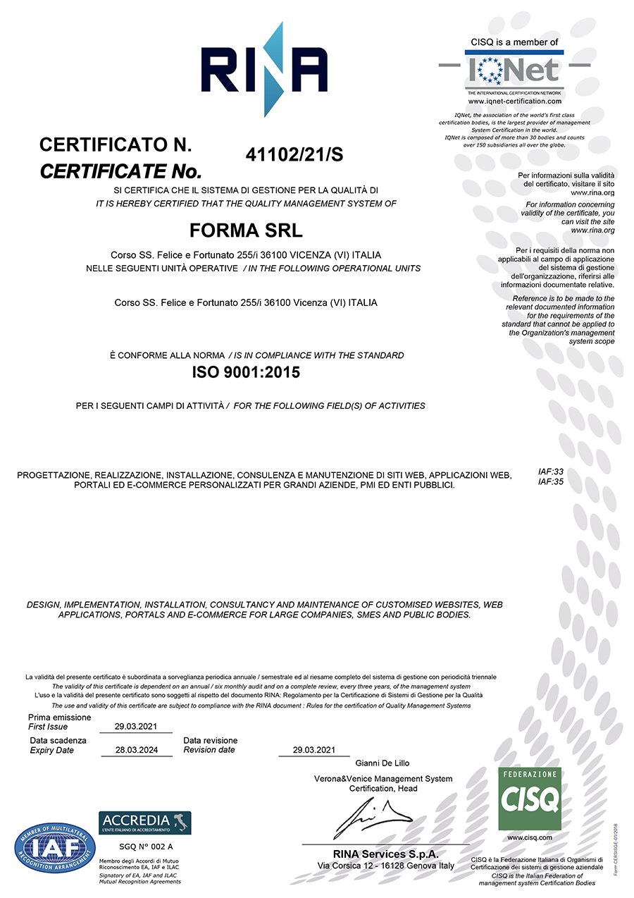 certificato ISO 9001:2015 firmato digitalmente da RINA
