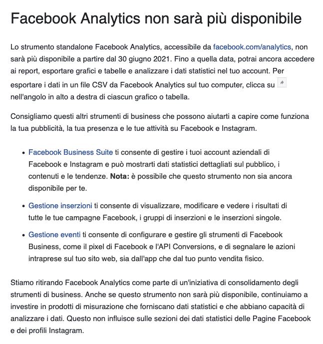 Comunicato Facebook chiusura dello strumento Analytics a partire dal 30 giugno 2021.