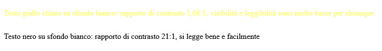 Un testo giallo e un testo nero vengono presentati su sfondo bianco: il primo è illeggibile, mentre il secondo si vede bene.